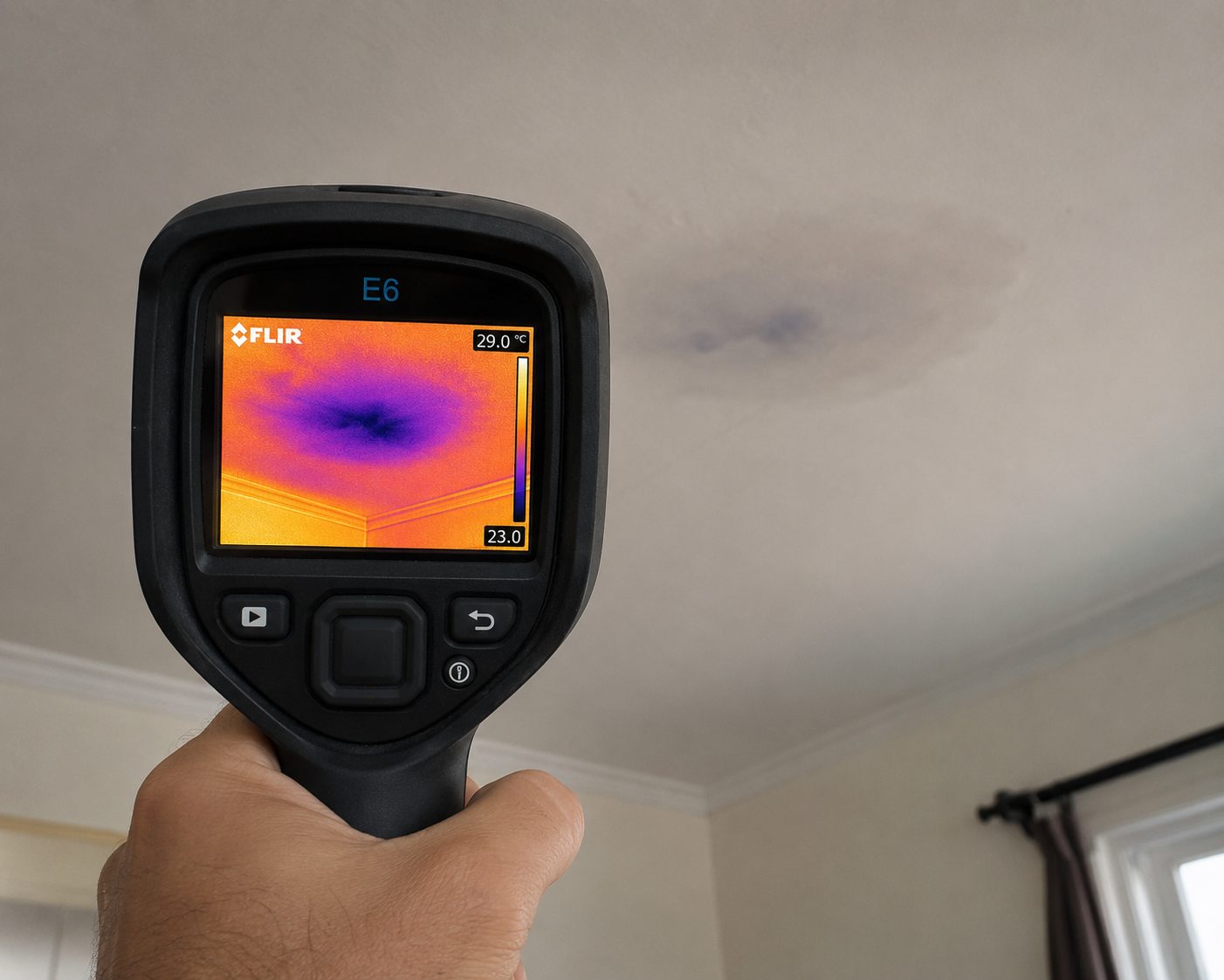 FLIR thermal imaging camera revealing a hidden moisture leak in a ceiling
